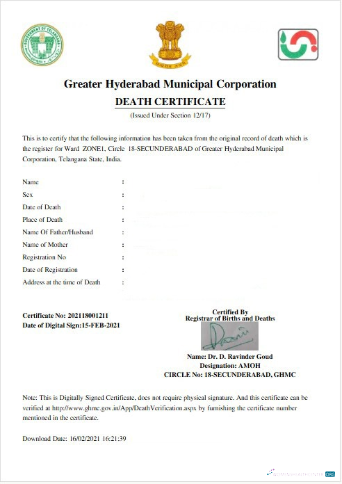 Download India Greater hyderabad municipal corporation death certificate Photoshop template